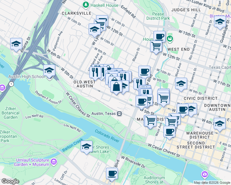 map of restaurants, bars, coffee shops, grocery stores, and more near in Austin