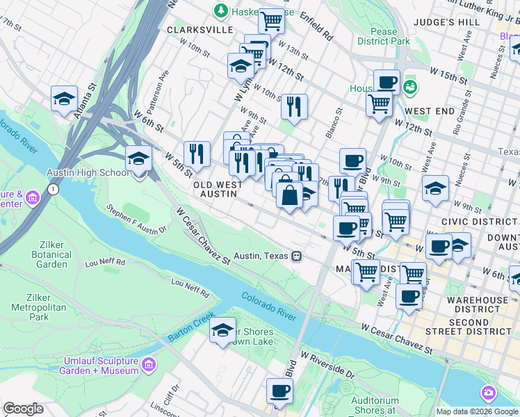 map of restaurants, bars, coffee shops, grocery stores, and more near 401 Orchard Street in Austin