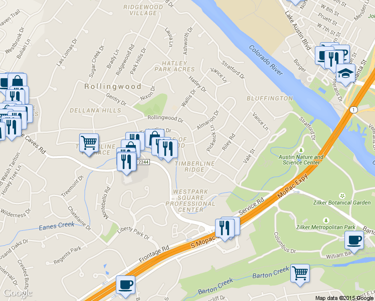 map of restaurants, bars, coffee shops, grocery stores, and more near 4712 Timberline Drive in Rollingwood