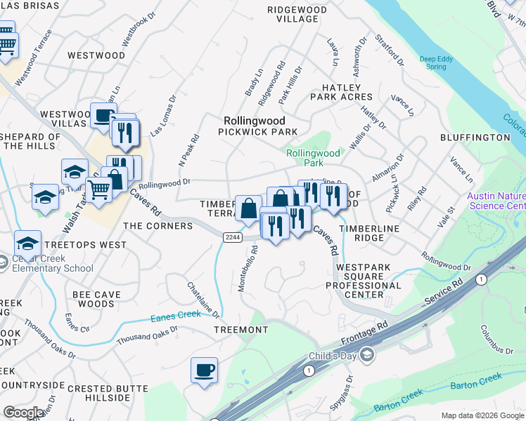 map of restaurants, bars, coffee shops, grocery stores, and more near 2826 Bee Cave Road in Rollingwood