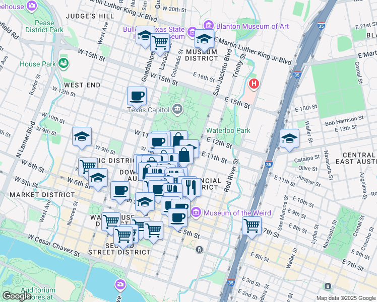 map of restaurants, bars, coffee shops, grocery stores, and more near 201 East 11th Street in Austin