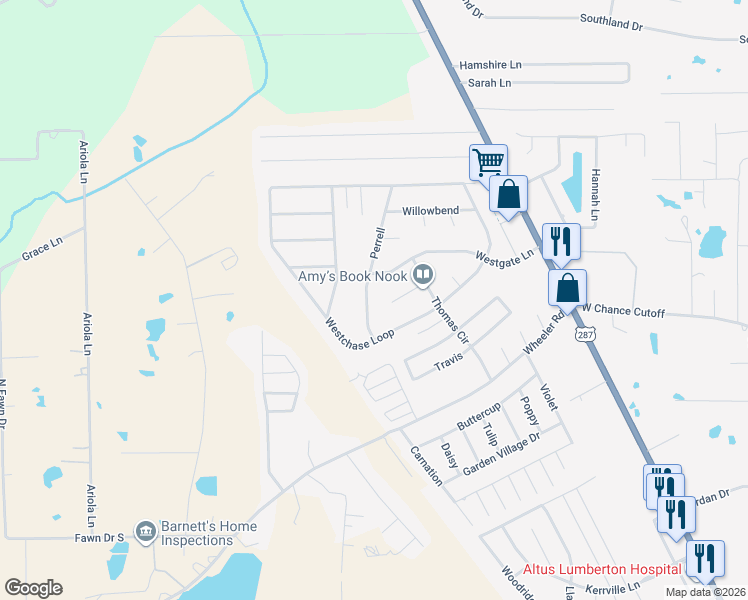 map of restaurants, bars, coffee shops, grocery stores, and more near 5865 Perrell Lane in Lumberton