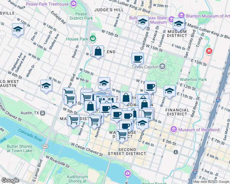 map of restaurants, bars, coffee shops, grocery stores, and more near 812 San Antonio Street in Austin