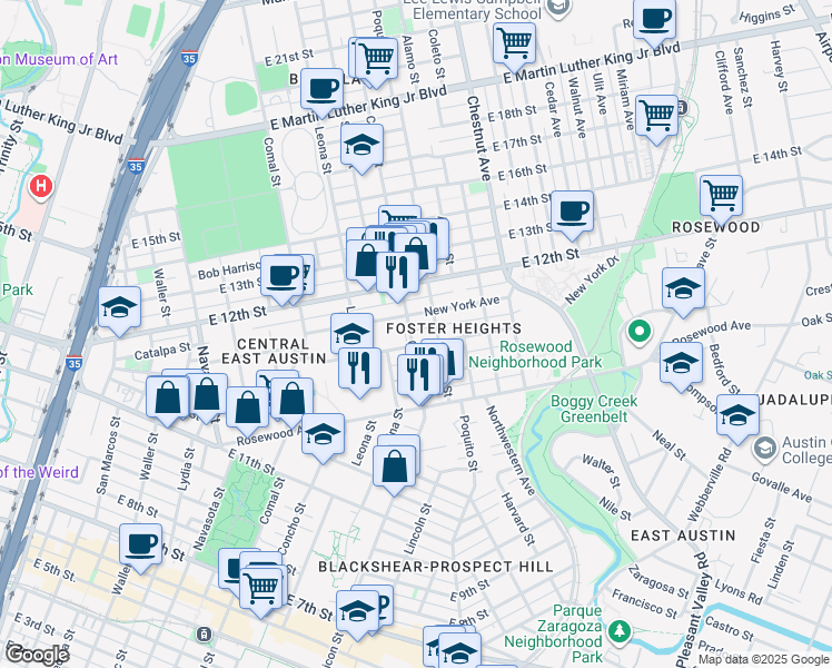 map of restaurants, bars, coffee shops, grocery stores, and more near 1903 Pennsylvania Avenue in Austin