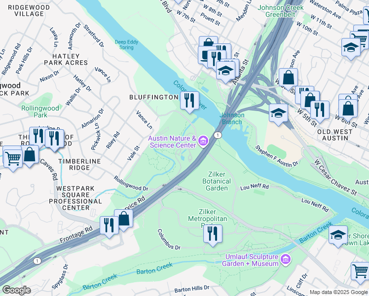 map of restaurants, bars, coffee shops, grocery stores, and more near 301 Nature Center Drive in Austin