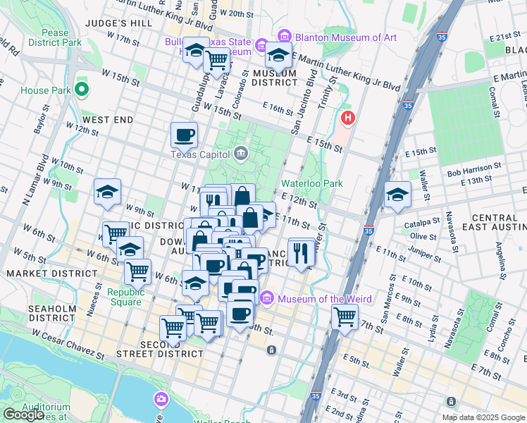 map of restaurants, bars, coffee shops, grocery stores, and more near 227 East 11th Street in Austin