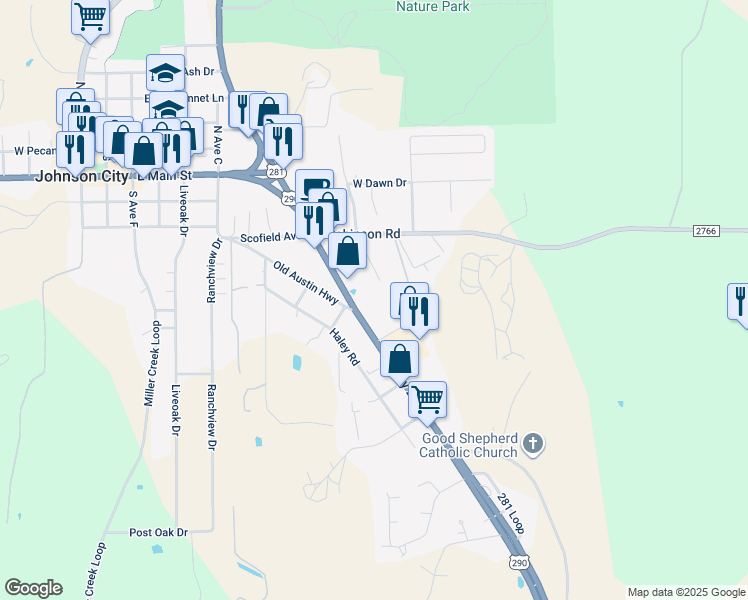 map of restaurants, bars, coffee shops, grocery stores, and more near 301 U.S. 281 in Johnson City