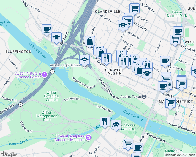 map of restaurants, bars, coffee shops, grocery stores, and more near 1587 West Cesar Chavez Street in Austin