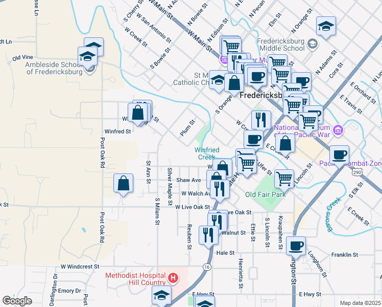 map of restaurants, bars, coffee shops, grocery stores, and more near 302 West Park Street in Fredericksburg