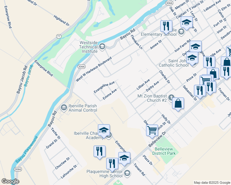map of restaurants, bars, coffee shops, grocery stores, and more near 59225 Emma Avenue in Plaquemine