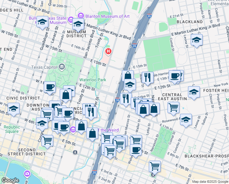map of restaurants, bars, coffee shops, grocery stores, and more near 735 East 12th Street in Austin
