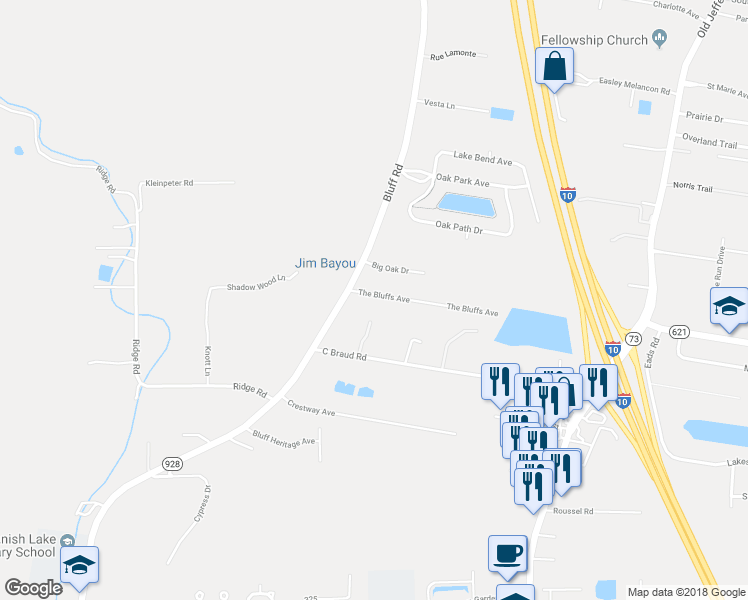 map of restaurants, bars, coffee shops, grocery stores, and more near 36273 The Bluffs Avenue in Prairieville