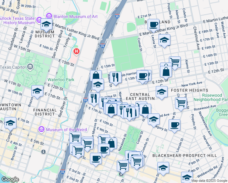 map of restaurants, bars, coffee shops, grocery stores, and more near 1105 East 12th Street in Austin
