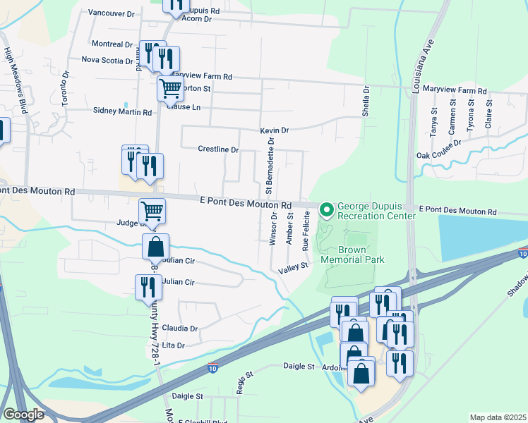 map of restaurants, bars, coffee shops, grocery stores, and more near 114 Winsor Drive in Lafayette