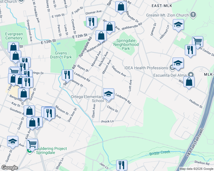 map of restaurants, bars, coffee shops, grocery stores, and more near 5214 Ledesma Road in Austin