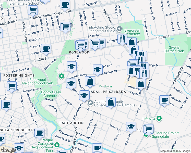 map of restaurants, bars, coffee shops, grocery stores, and more near 4002 Webberville Road in Austin