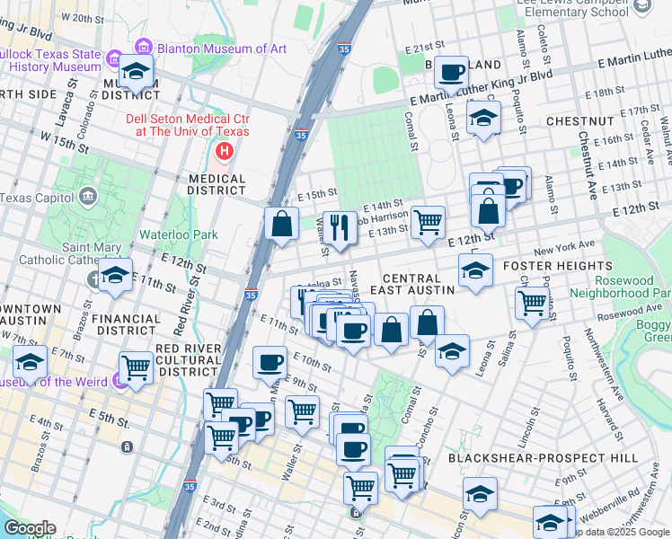 map of restaurants, bars, coffee shops, grocery stores, and more near 1184 Navasota Street in Austin