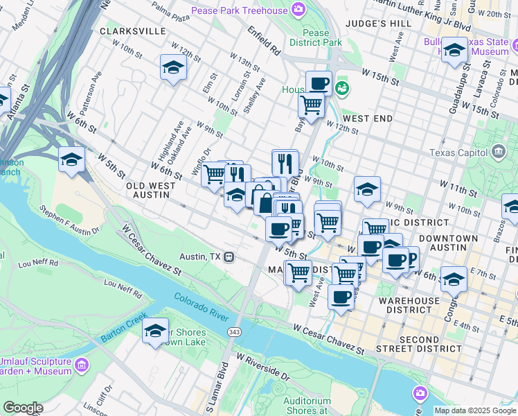 map of restaurants, bars, coffee shops, grocery stores, and more near 1009 West 6th Street in Austin