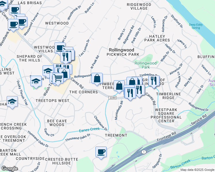 map of restaurants, bars, coffee shops, grocery stores, and more near 3006 Bee Caves Road in Austin