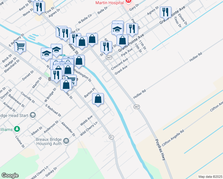 map of restaurants, bars, coffee shops, grocery stores, and more near 520 Cesaire Street in Breaux Bridge