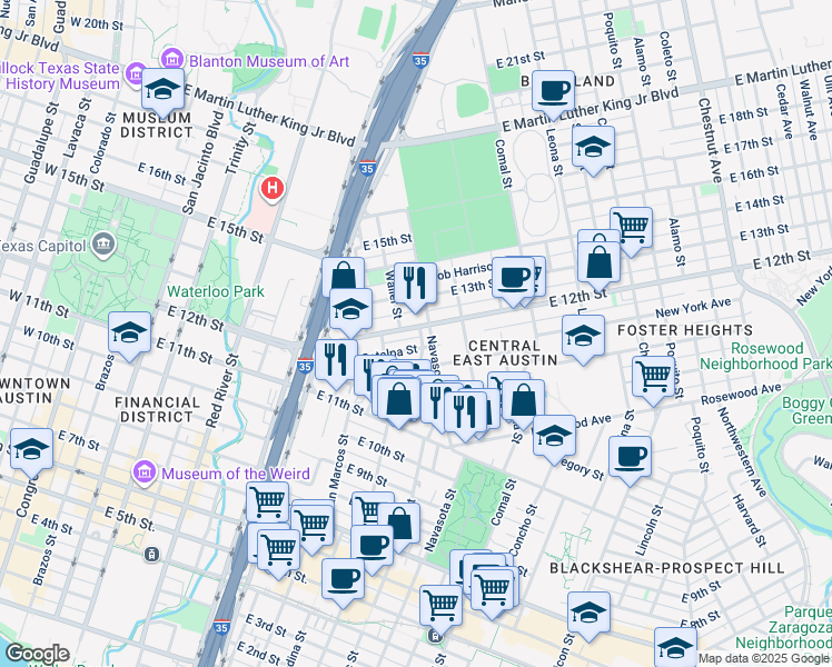 map of restaurants, bars, coffee shops, grocery stores, and more near 1115 East 12th Street in Austin