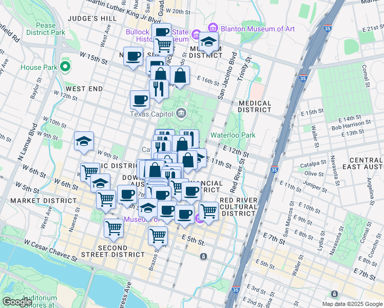 map of restaurants, bars, coffee shops, grocery stores, and more near 227 East 11th Street in Austin