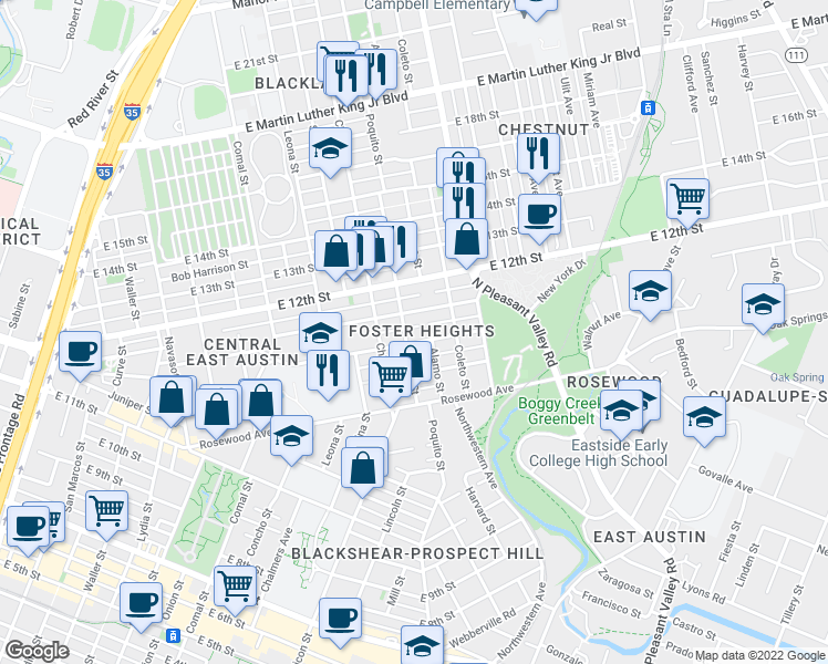 map of restaurants, bars, coffee shops, grocery stores, and more near 1179 Poquito Street in Austin