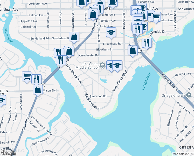 map of restaurants, bars, coffee shops, grocery stores, and more near 2519 Bayview Road in Jacksonville