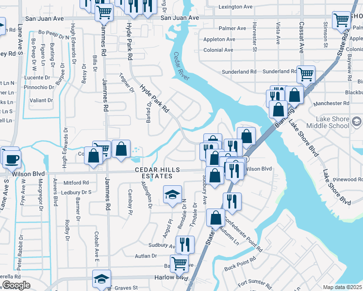 map of restaurants, bars, coffee shops, grocery stores, and more near 3404 Edgewater Drive in Jacksonville