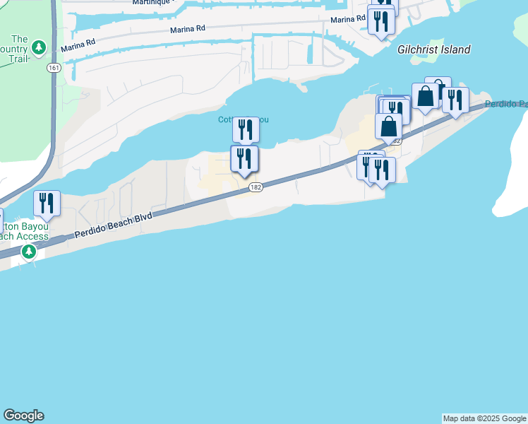 map of restaurants, bars, coffee shops, grocery stores, and more near 26750 Alabama 182 in Orange Beach