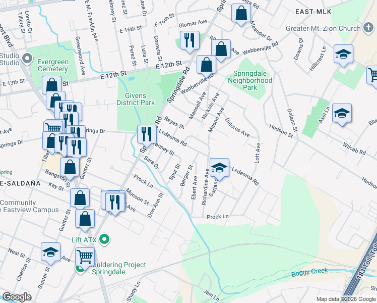 map of restaurants, bars, coffee shops, grocery stores, and more near 4900 Ledesma Road in Austin