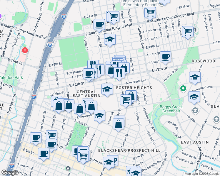 map of restaurants, bars, coffee shops, grocery stores, and more near 1615 East 12th Street in Austin