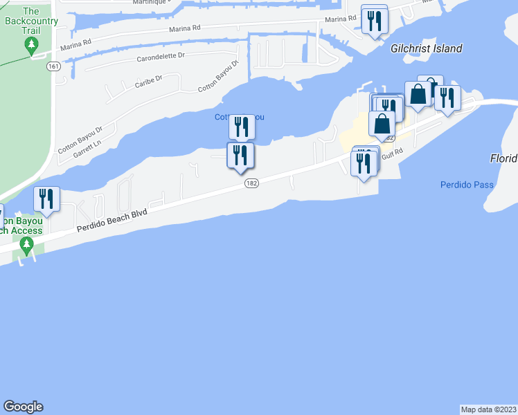 map of restaurants, bars, coffee shops, grocery stores, and more near 26750 Alabama 182 in Orange Beach