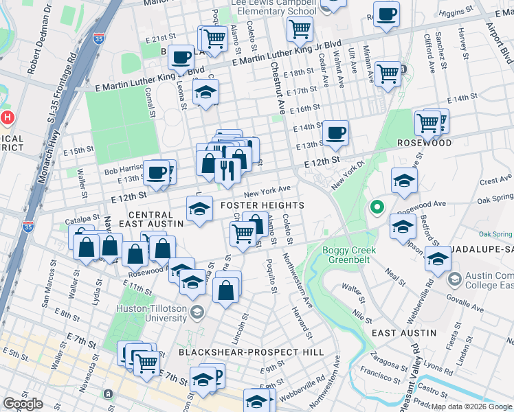 map of restaurants, bars, coffee shops, grocery stores, and more near 1179 Poquito Street in Austin
