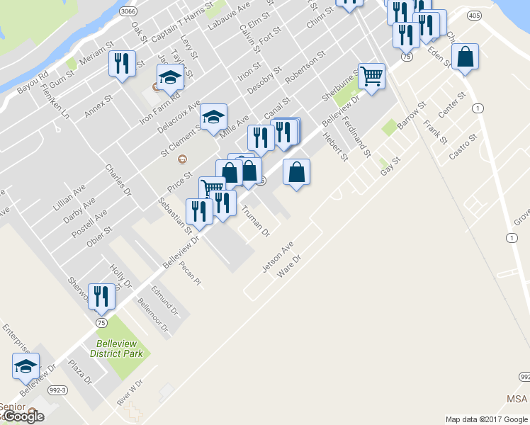 map of restaurants, bars, coffee shops, grocery stores, and more near 24630 Eisenhower Drive in Plaquemine