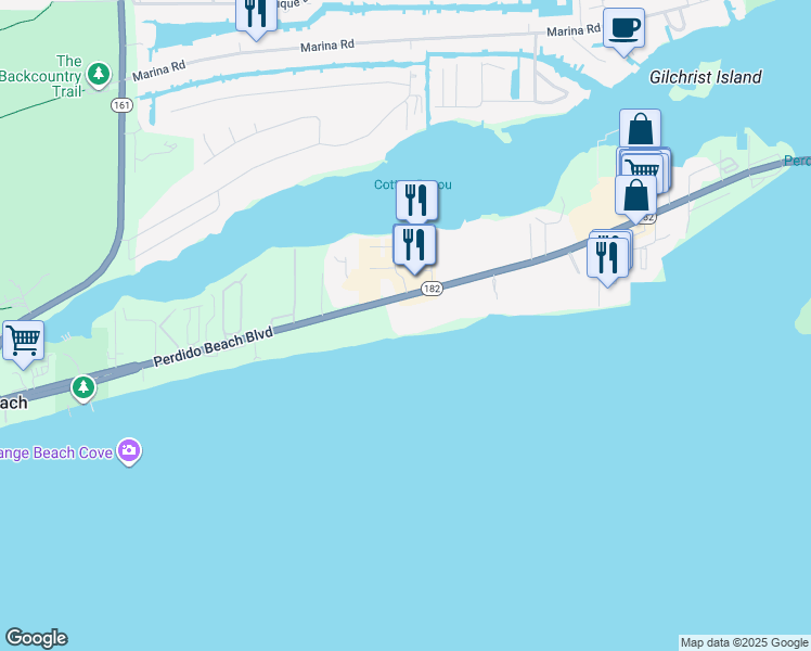 map of restaurants, bars, coffee shops, grocery stores, and more near 26686 Perdido Beach Boulevard in Orange Beach