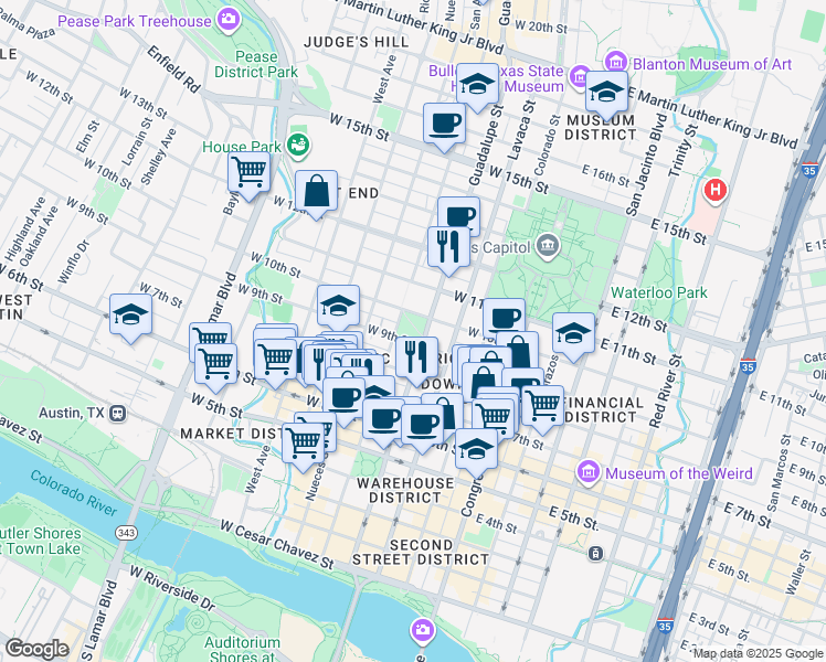 map of restaurants, bars, coffee shops, grocery stores, and more near 900 Guadalupe Street in Austin
