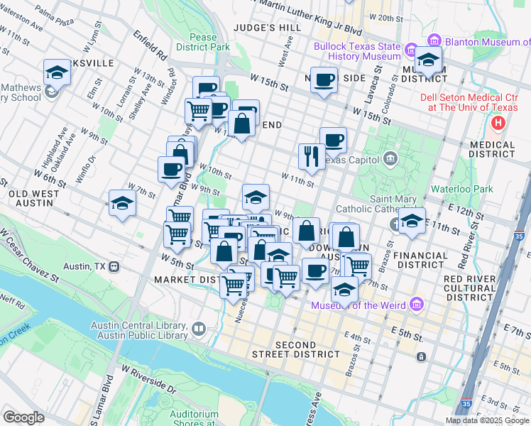 map of restaurants, bars, coffee shops, grocery stores, and more near 904 Nueces Street in Austin