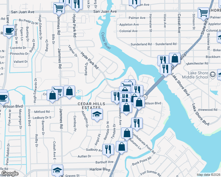 map of restaurants, bars, coffee shops, grocery stores, and more near 3404 Edgewater Drive in Jacksonville