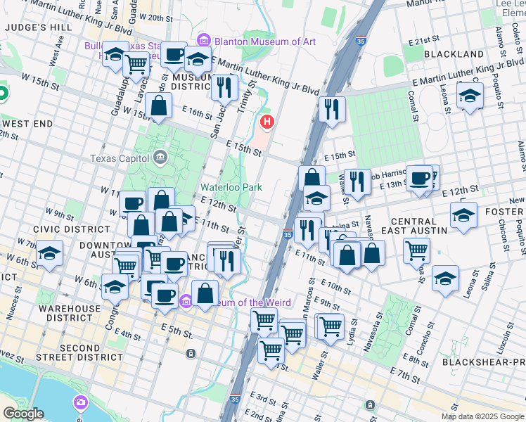 map of restaurants, bars, coffee shops, grocery stores, and more near 1313 Red River Street in Austin
