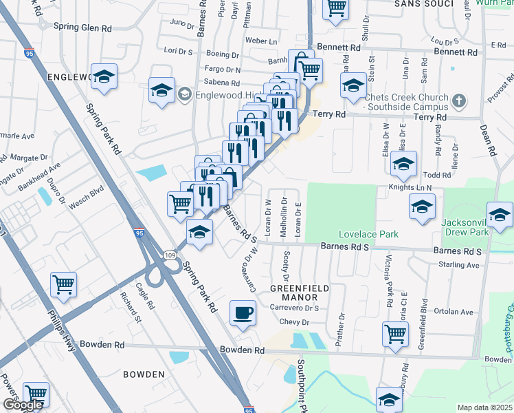map of restaurants, bars, coffee shops, grocery stores, and more near 2820 Loran Drive North in Jacksonville