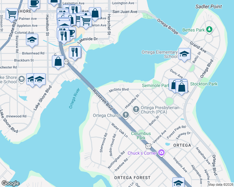 map of restaurants, bars, coffee shops, grocery stores, and more near 4415 McGirts Boulevard in Jacksonville