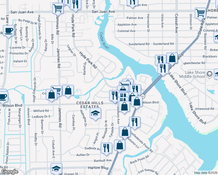 map of restaurants, bars, coffee shops, grocery stores, and more near 3404 Edgewater Drive in Jacksonville