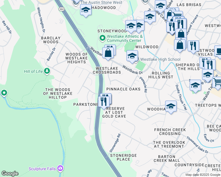 map of restaurants, bars, coffee shops, grocery stores, and more near 1515 South Capital of Texas Highway in Austin
