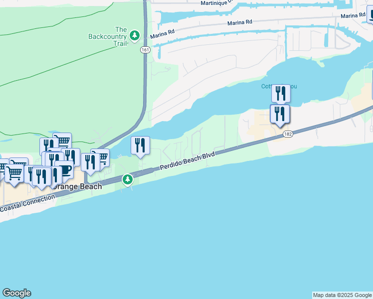 map of restaurants, bars, coffee shops, grocery stores, and more near 26201 Perdido Beach Boulevard in Orange Beach