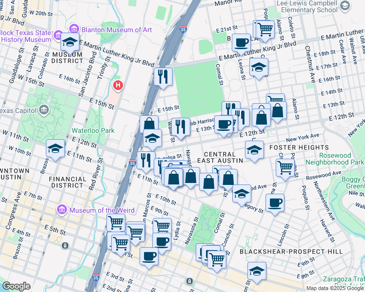 map of restaurants, bars, coffee shops, grocery stores, and more near 1115 East 12th Street in Austin