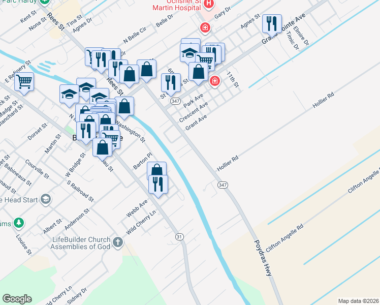map of restaurants, bars, coffee shops, grocery stores, and more near 632 South Poydras Street in Breaux Bridge