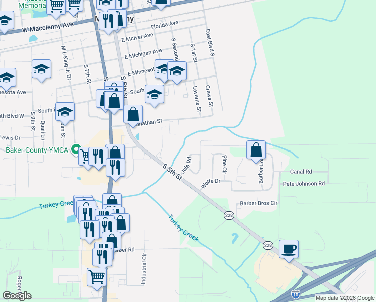 map of restaurants, bars, coffee shops, grocery stores, and more near 29 Jule Road in Macclenny