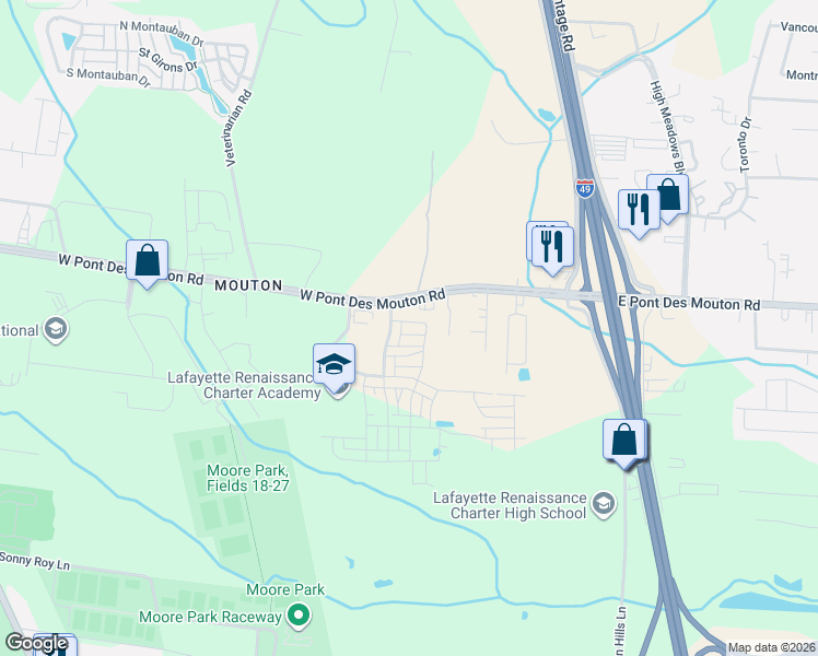 map of restaurants, bars, coffee shops, grocery stores, and more near 302-328 West Pont Des Mouton Road in Lafayette