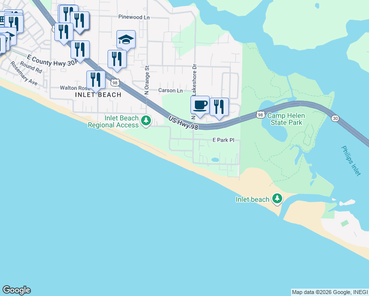 map of restaurants, bars, coffee shops, grocery stores, and more near 15 Blue Coast Court in Rosemary Beach